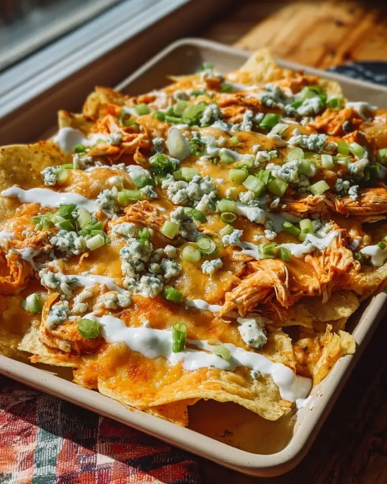 Delicious Buffalo Chicken Nachos topped with cheese and spicy chicken
