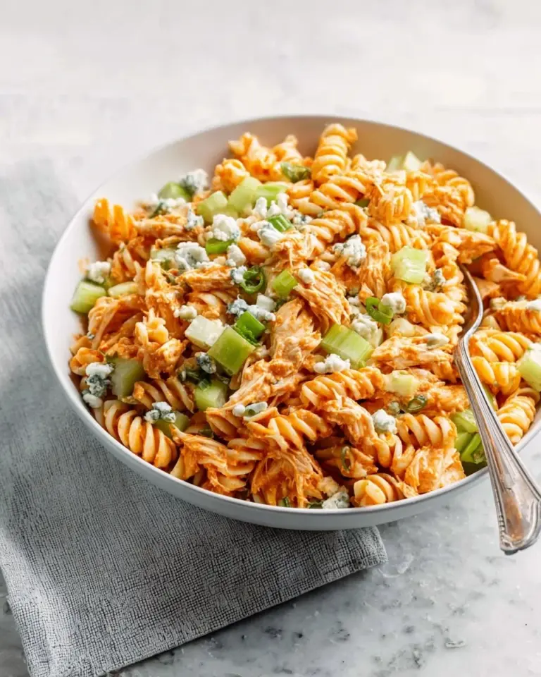 Bowl of delicious Buffalo Chicken Pasta Salad with vegetables
