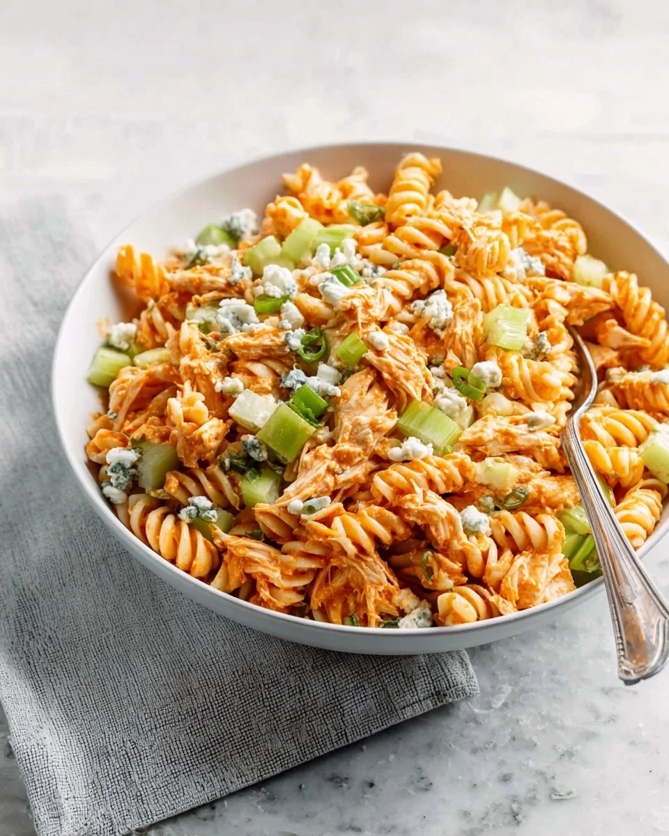 Bowl of delicious Buffalo Chicken Pasta Salad with vegetables