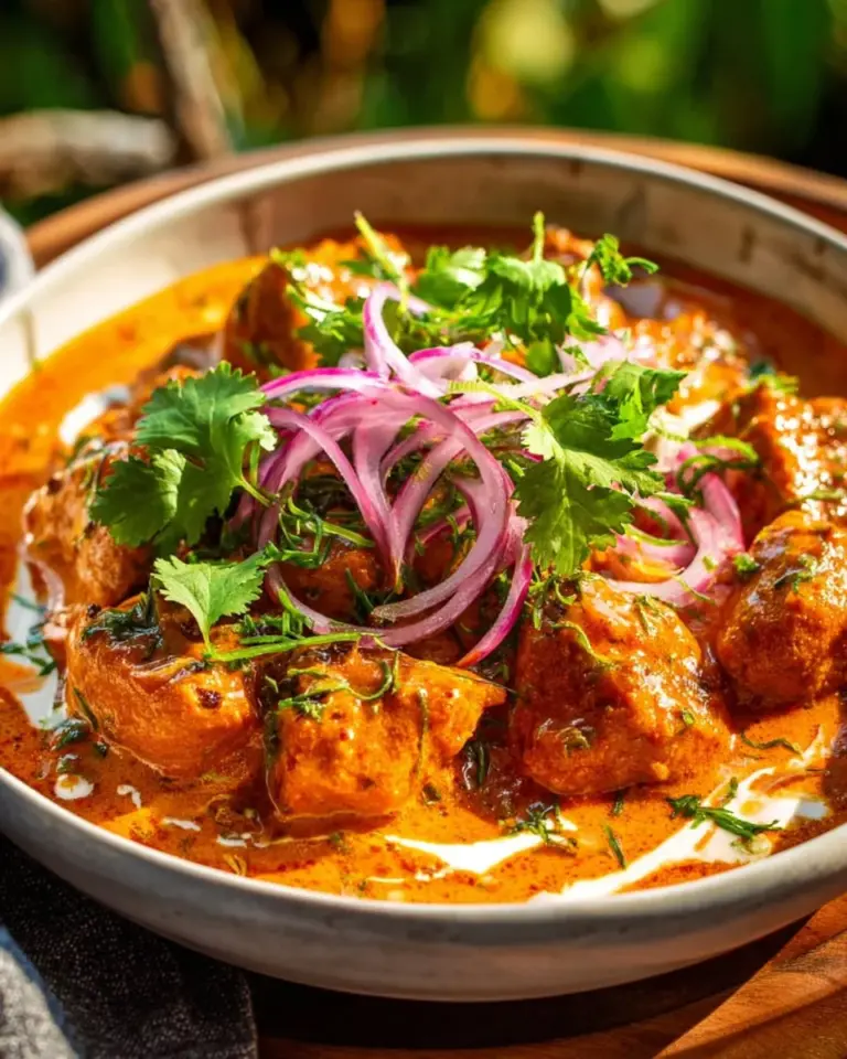 Delicious butter chicken served with rice and naan bread