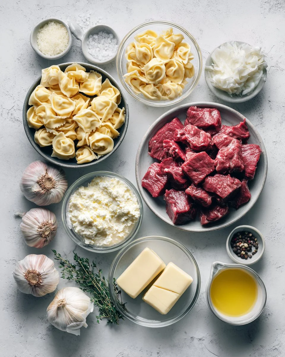 Butter Steak Bites With Parmesan Tortellini And Garlic Sauce