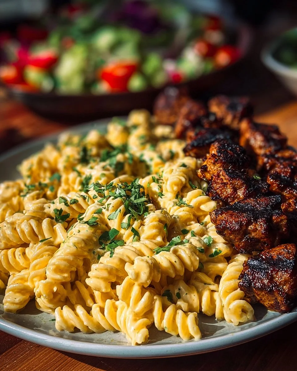 Cajun Beef and Rotini Delight served in a bowl, garnished with herbs