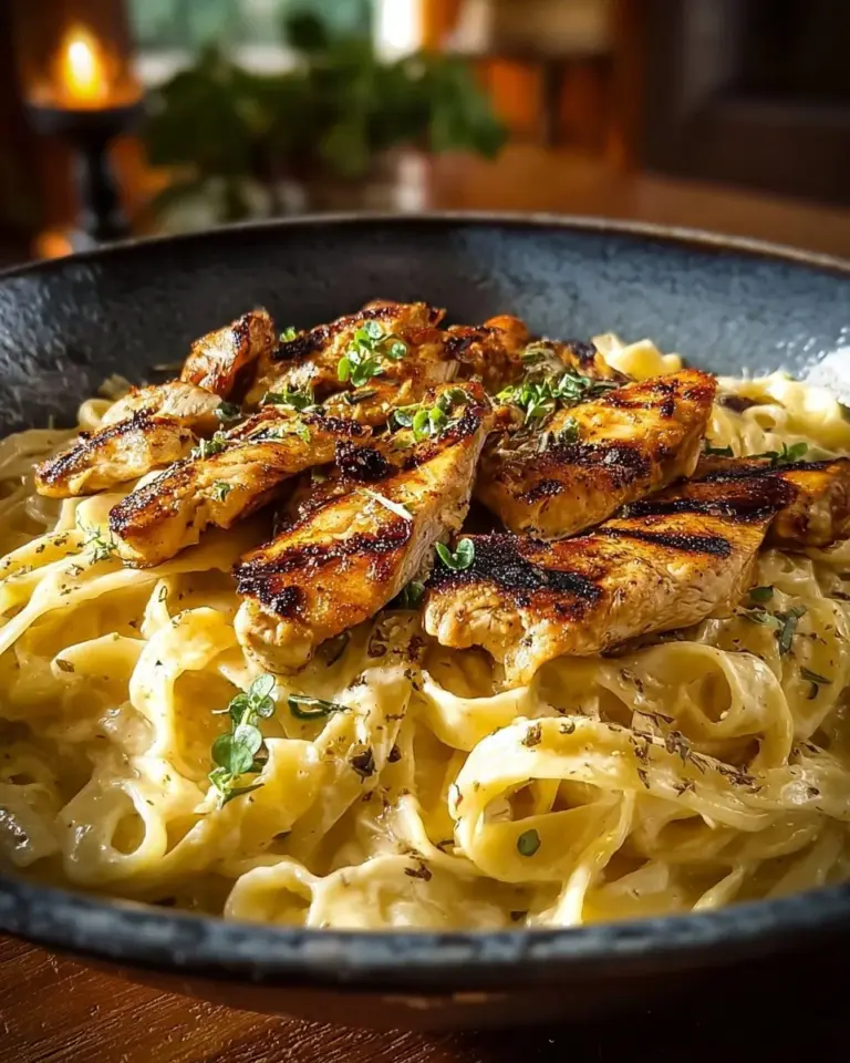 Delicious Cajun Chicken Fettuccine Alfredo served on a plate with herbs