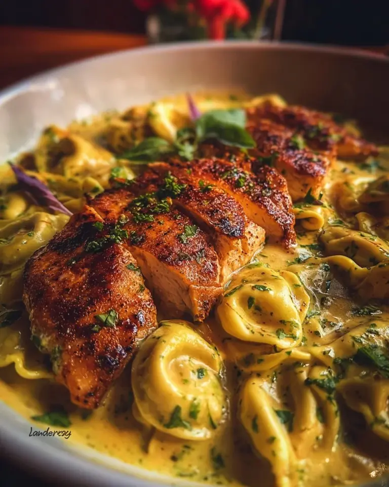 Cajun Garlic Chicken Tortellini served in three-cheese cream sauce