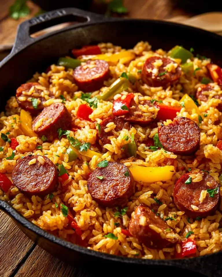Cajun sausage and rice skillet meal served in a frying pan