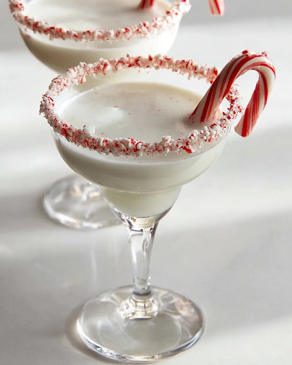 Delicious Candy Cane Martini garnished with peppermint candy cane in a glass.