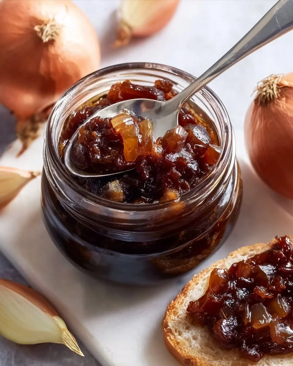 Jar of homemade caramelized onion jam on a kitchen table