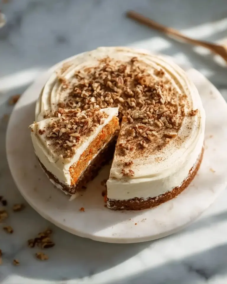 Slice of moist Carrot Spice Cake topped with cream cheese frosting