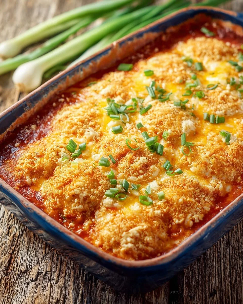 Delicious Cheddar Bay Chicken Bake topped with cheese and herbs