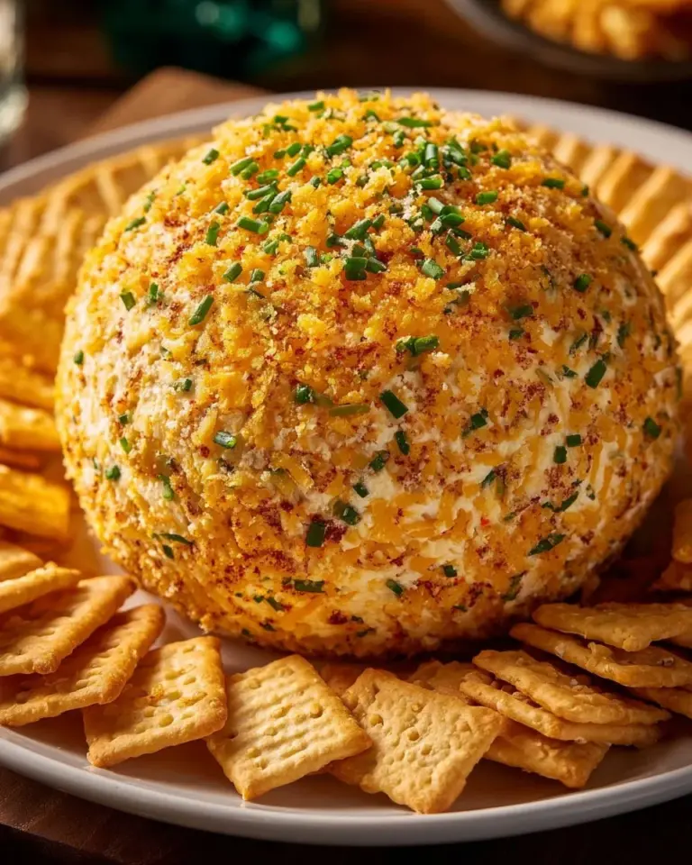 Delicious Cheddar Cheese Horseradish Cheese Ball served with crackers