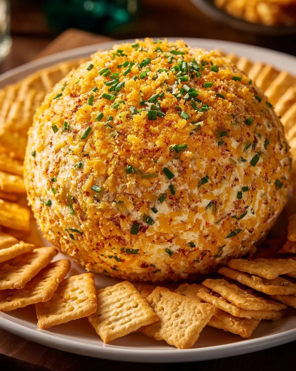 Delicious Cheddar Cheese Horseradish Cheese Ball served with crackers