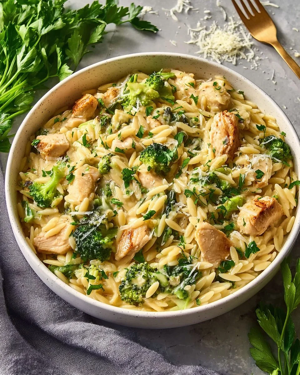 Cheesy chicken broccoli orzo dish served in a bowl with fresh ingredients