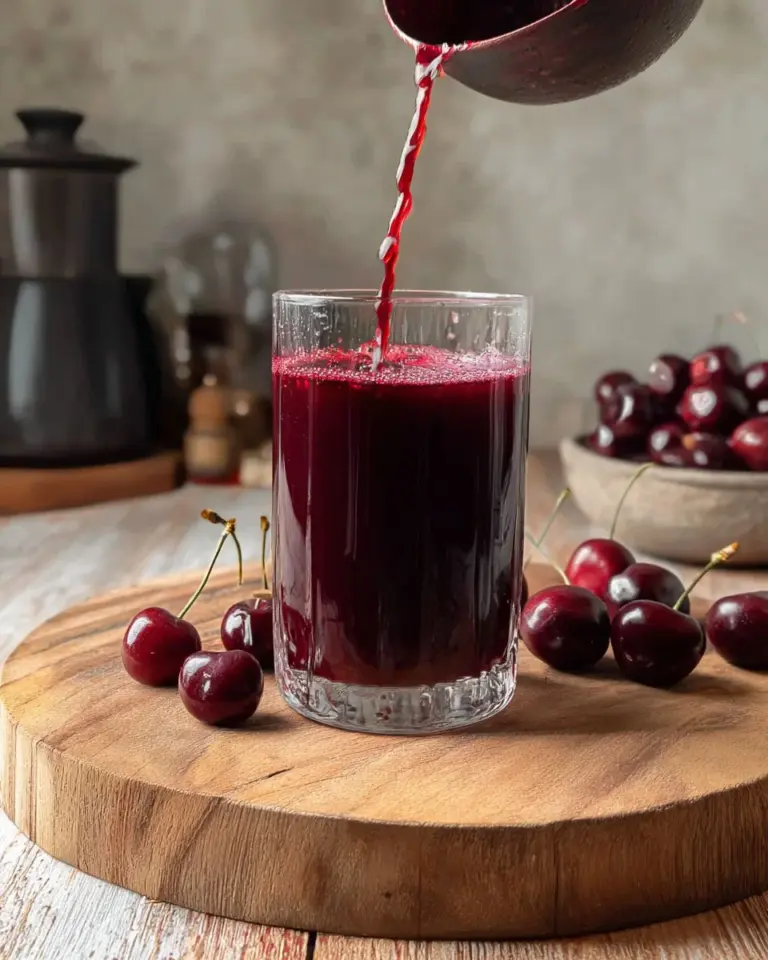 A glass of cherry juice surrounded by fresh cherries on a wooden table.