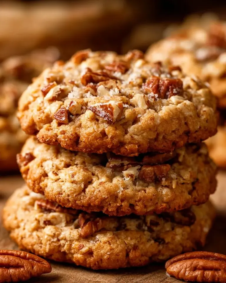 Chewy coconut oatmeal cookies on a wooden plate, showcasing their texture and ingredients