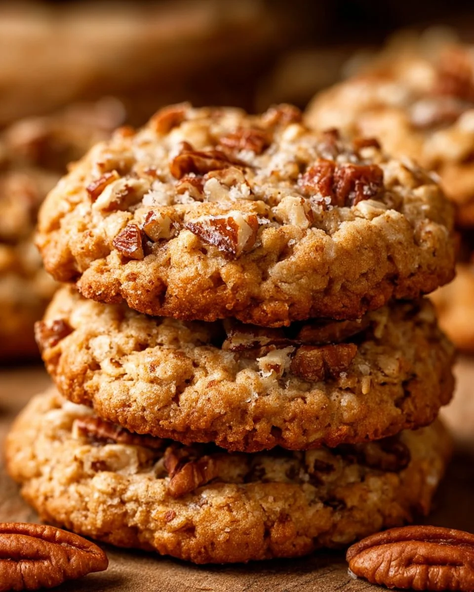 Chewy coconut oatmeal cookies on a wooden plate, showcasing their texture and ingredients