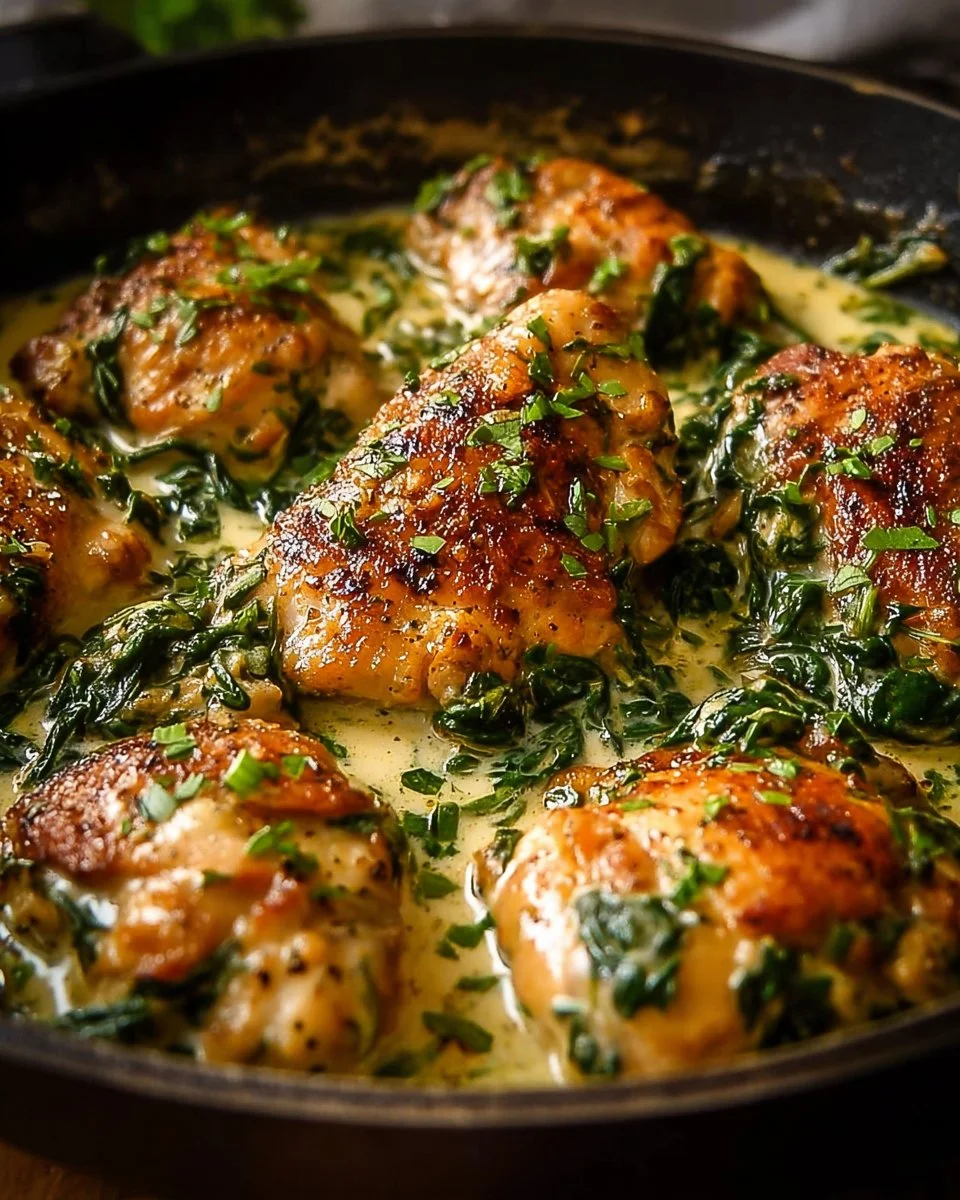Creamy Chicken Florentine served with fresh spinach and herbs