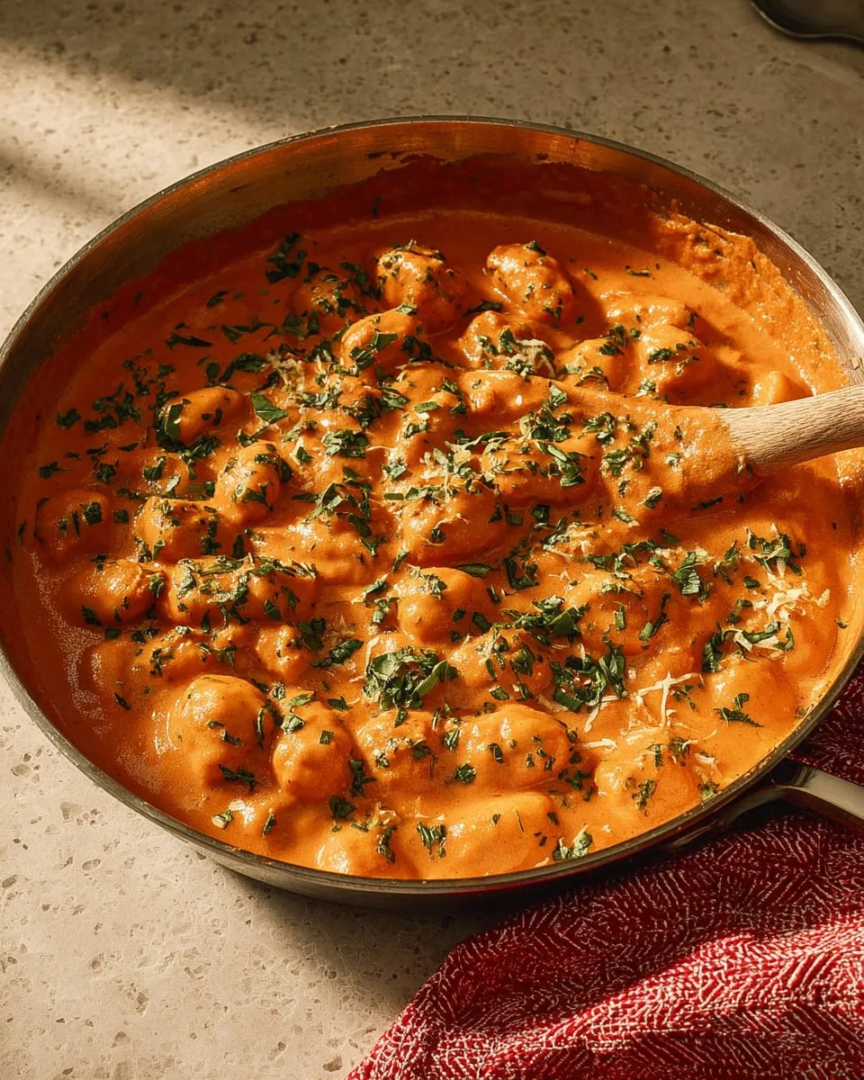 Delicious Chicken Paprikash served with creamy sauce and a side of dumplings.