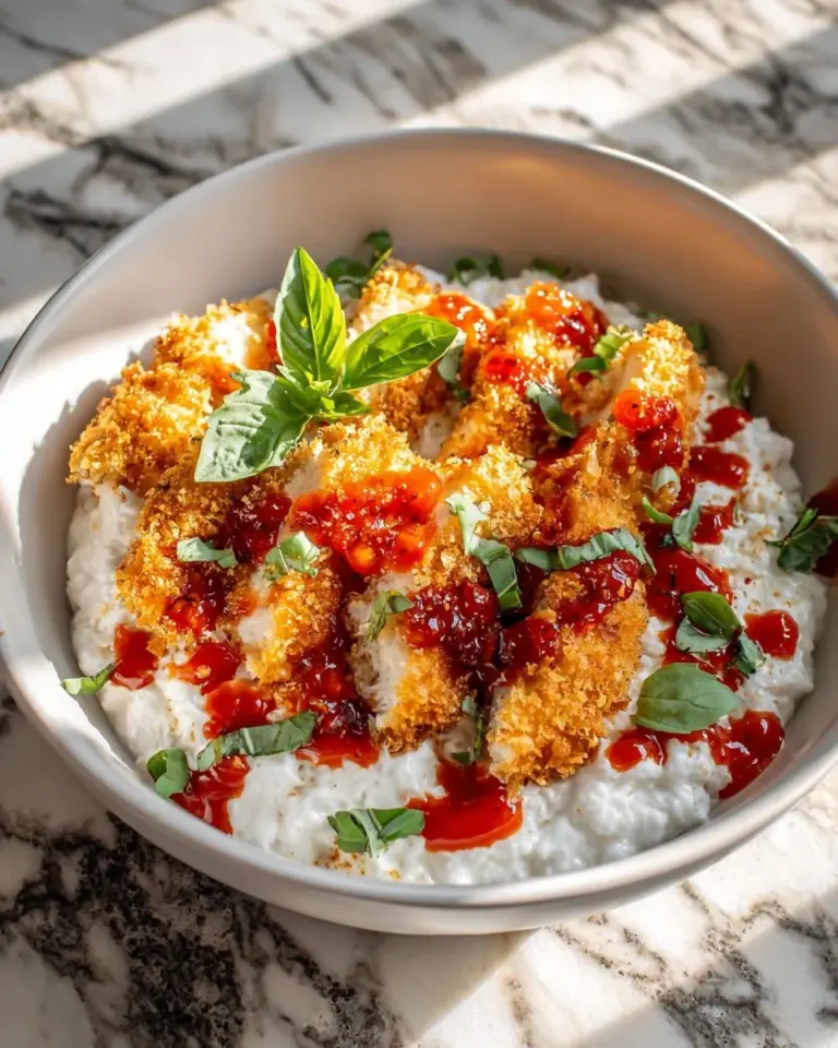 Healthy Chicken Parmesan Cottage Cheese Bowl garnished with herbs and cheese