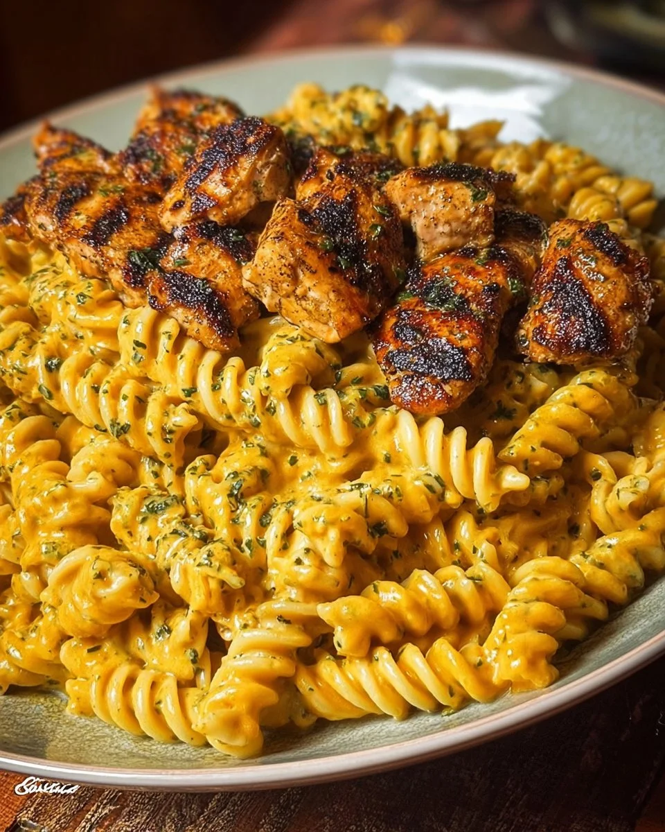 Creamy Chicken Rotini dish with Mozzarella Velveeta sauce