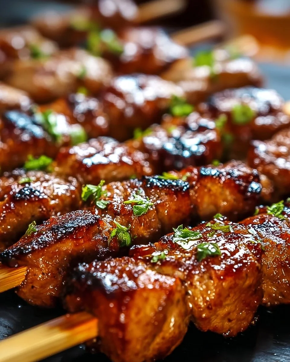 Plate of Chicken Satay with Thai Peanut Sauce garnished with fresh herbs