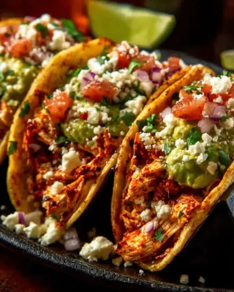 A platter of delicious Chicken Street Tacos garnished with fresh cilantro and lime.