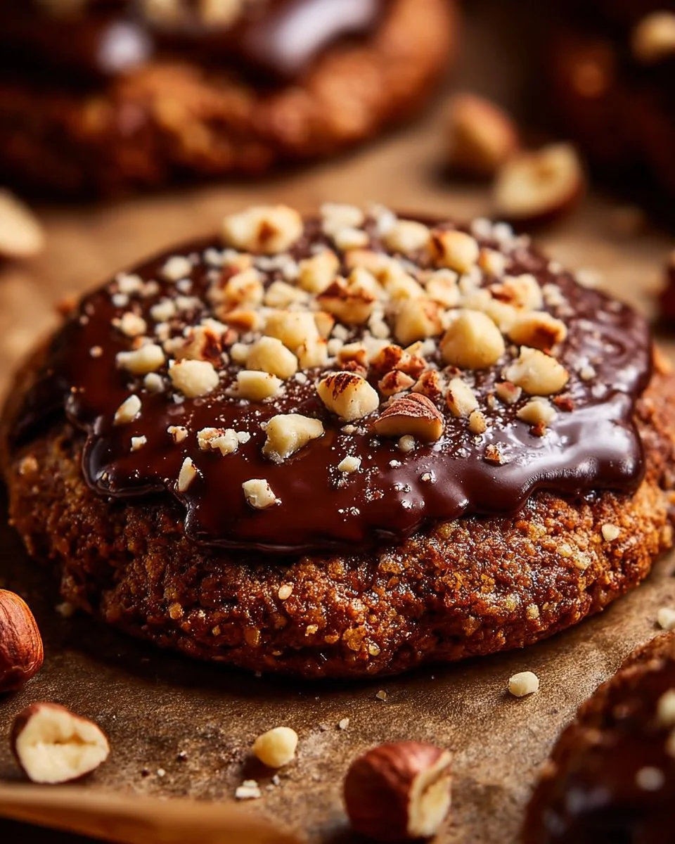 Freshly baked Chocolate Hazelnut Crunch Cookies on a wooden serving plate