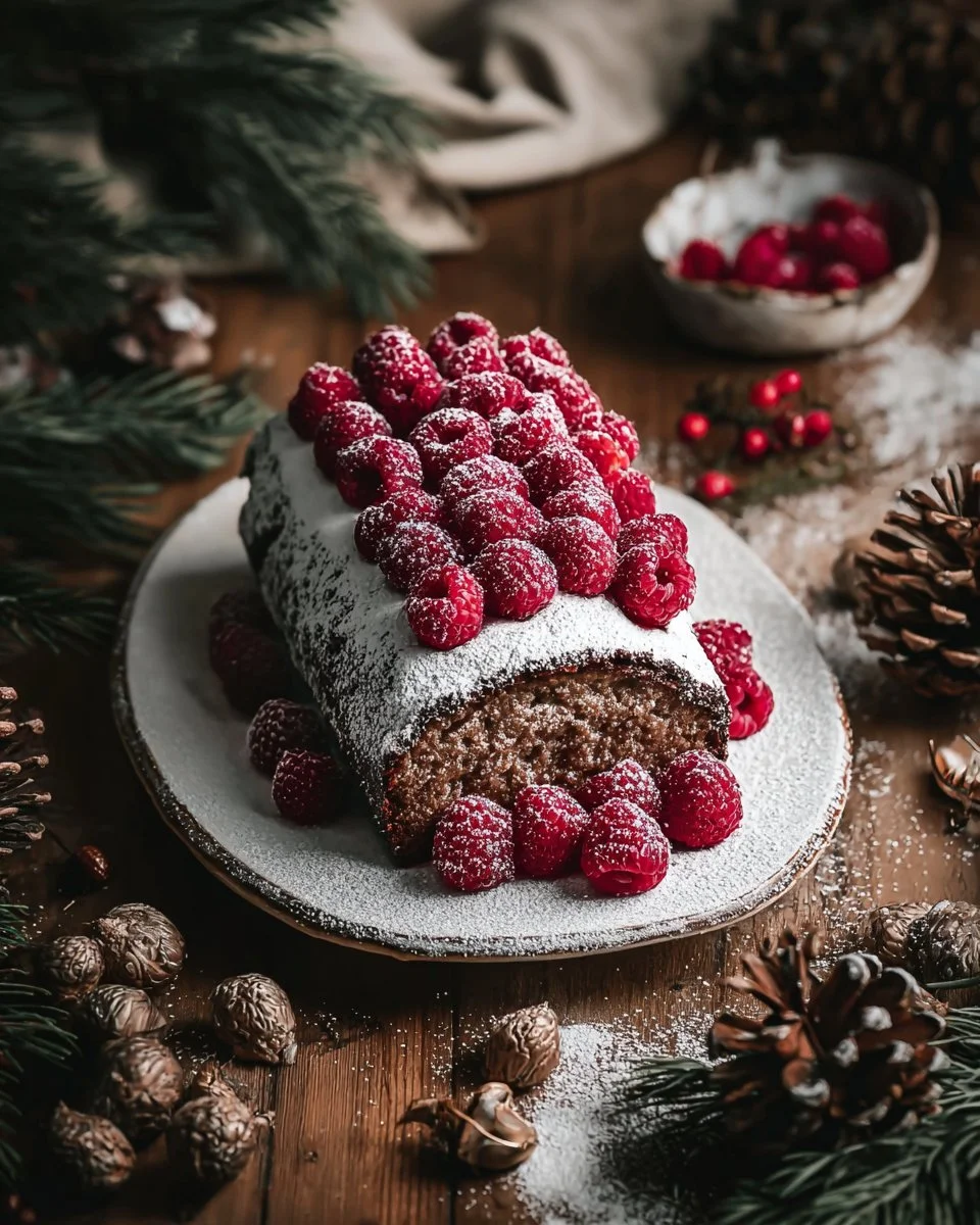 Christmas Raspberry Cake Roll topped with fresh raspberries and cream