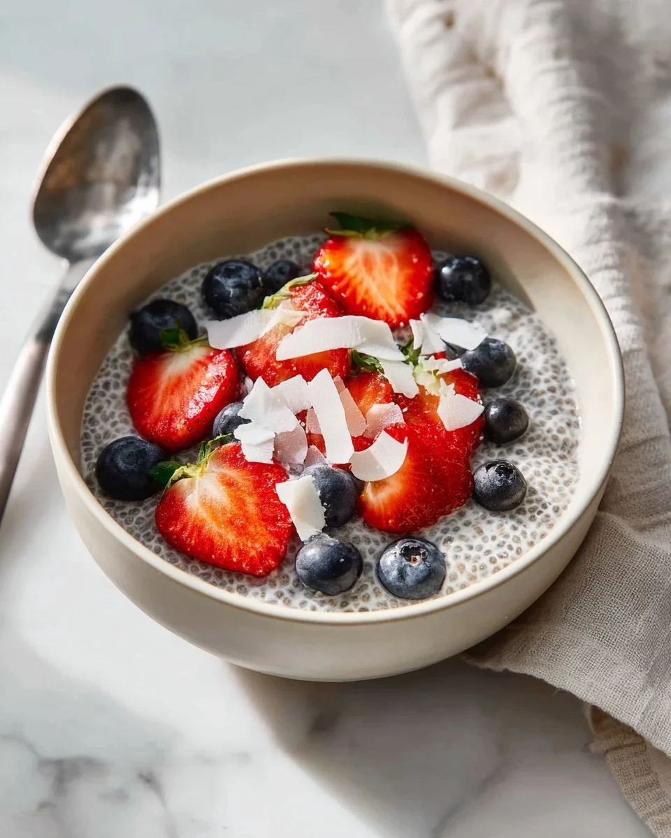 Bowl of classic chia seed pudding topped with fresh fruits and nuts