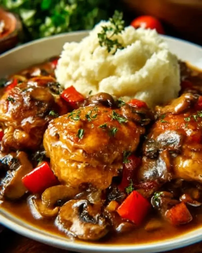 Delicious Chicken Chasseur, a classic French Hunter's Chicken dish served with herbs and mushrooms.