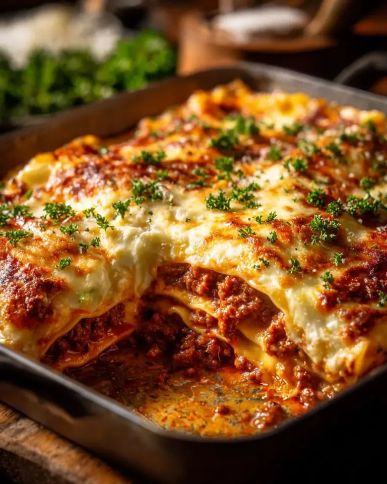 Delicious classic layered lasagna with rich cheese and savory meat sauce