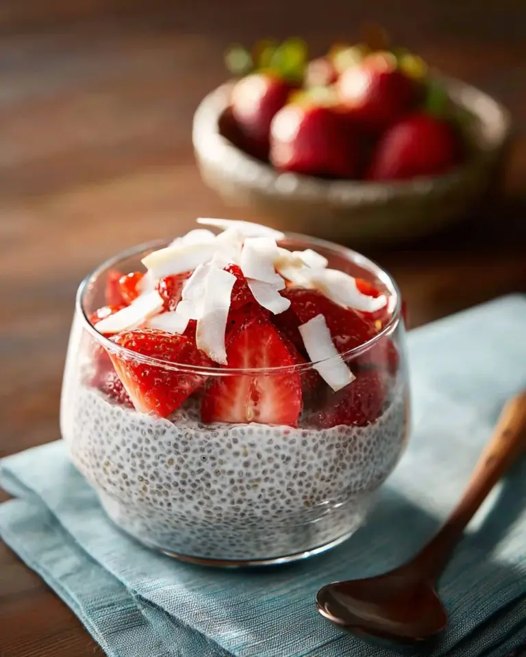 Delicious coconut chia pudding topped with fresh fruits on a white plate.