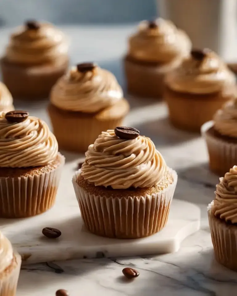 Delicious coffee cupcakes topped with creamy frosting and coffee beans