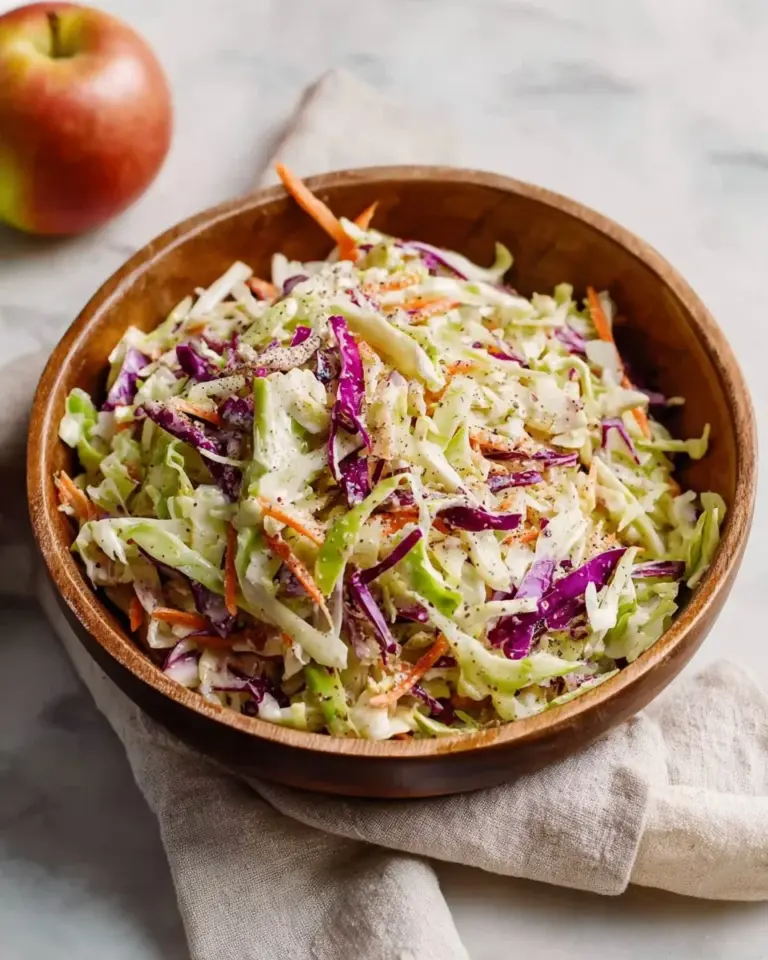 Coleslaw with apple and yogurt dressing served in a bowl.