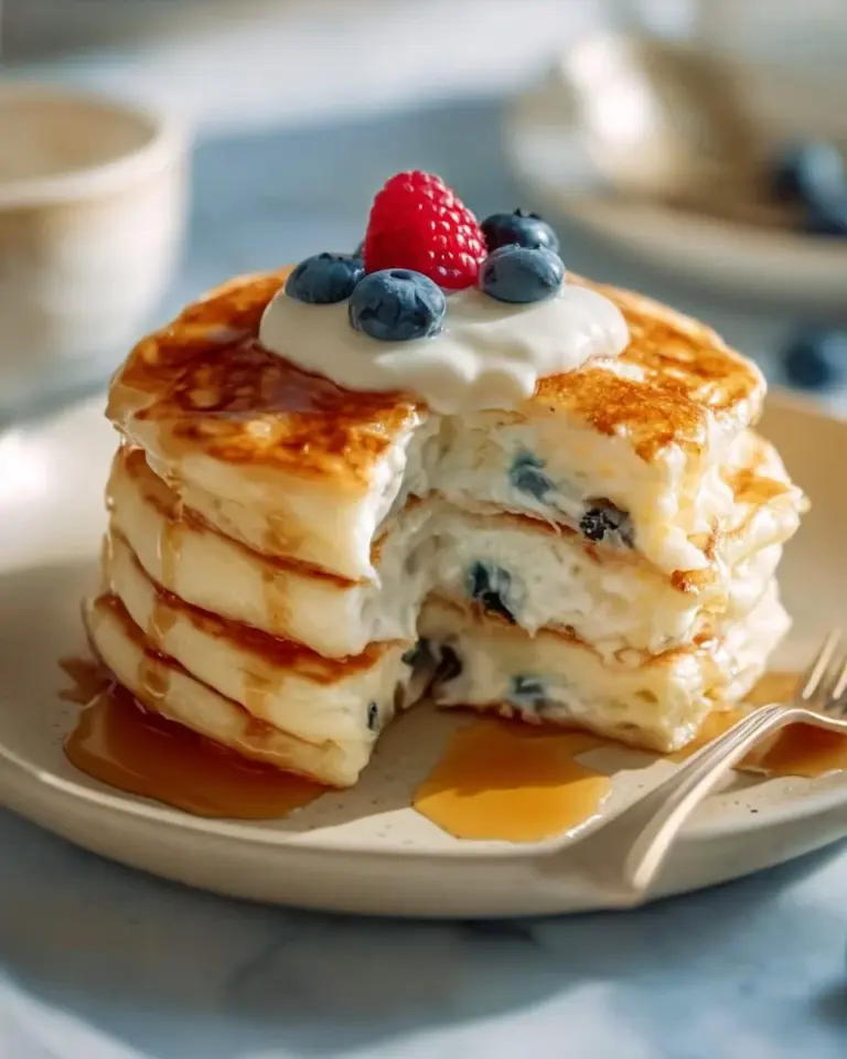 Fluffy cottage cheese blueberry pancakes stacked on a plate with fresh blueberries