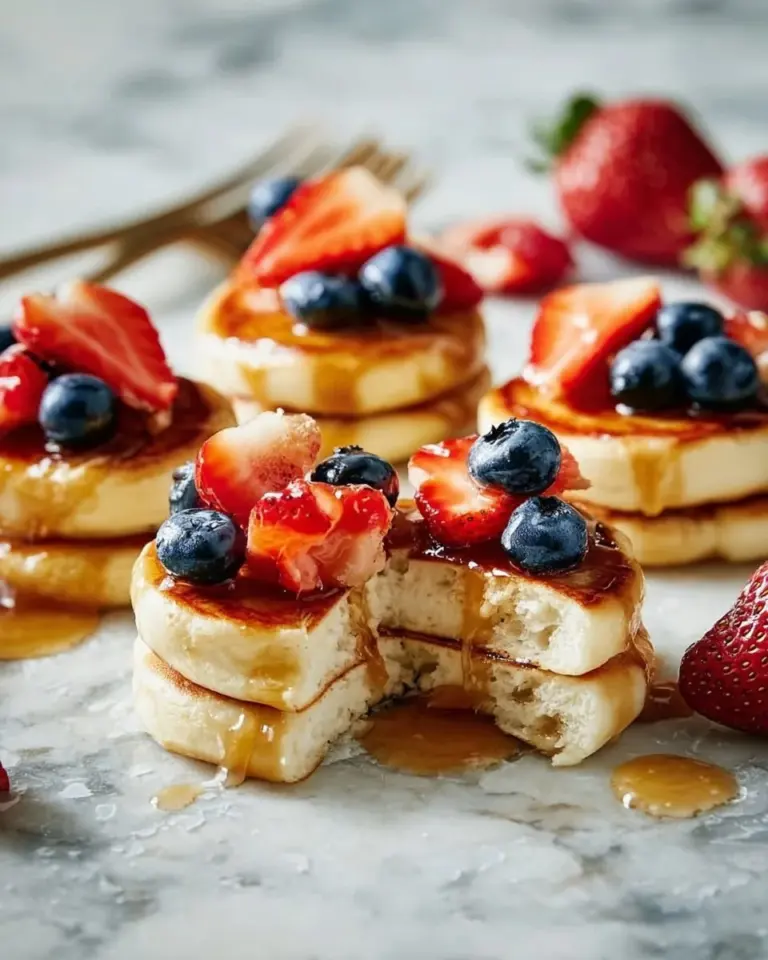 Fluffy cottage cheese pancake bites served with syrup and berries.