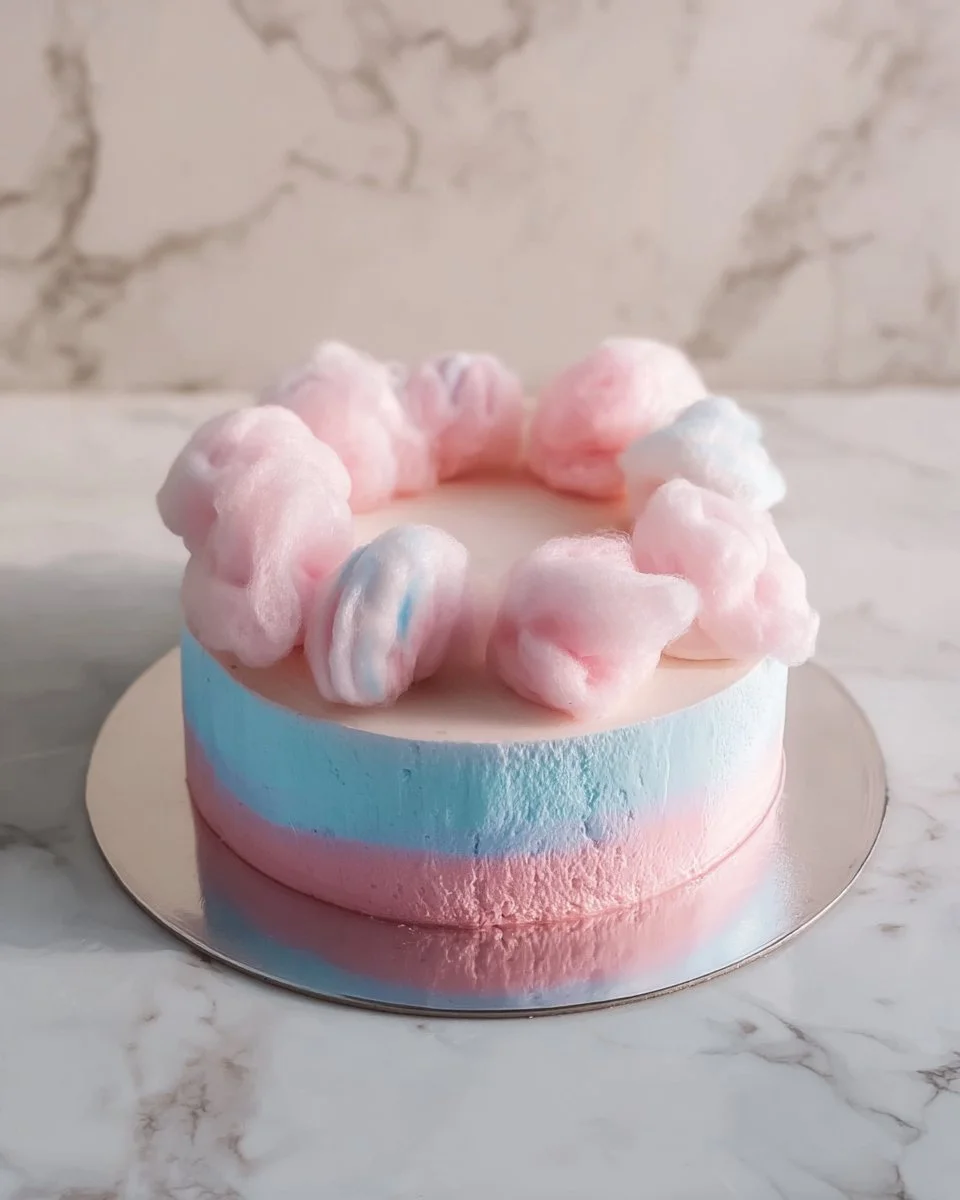 Colorful Cotton Candy Cake topped with fluffy cotton candy and sprinkles.