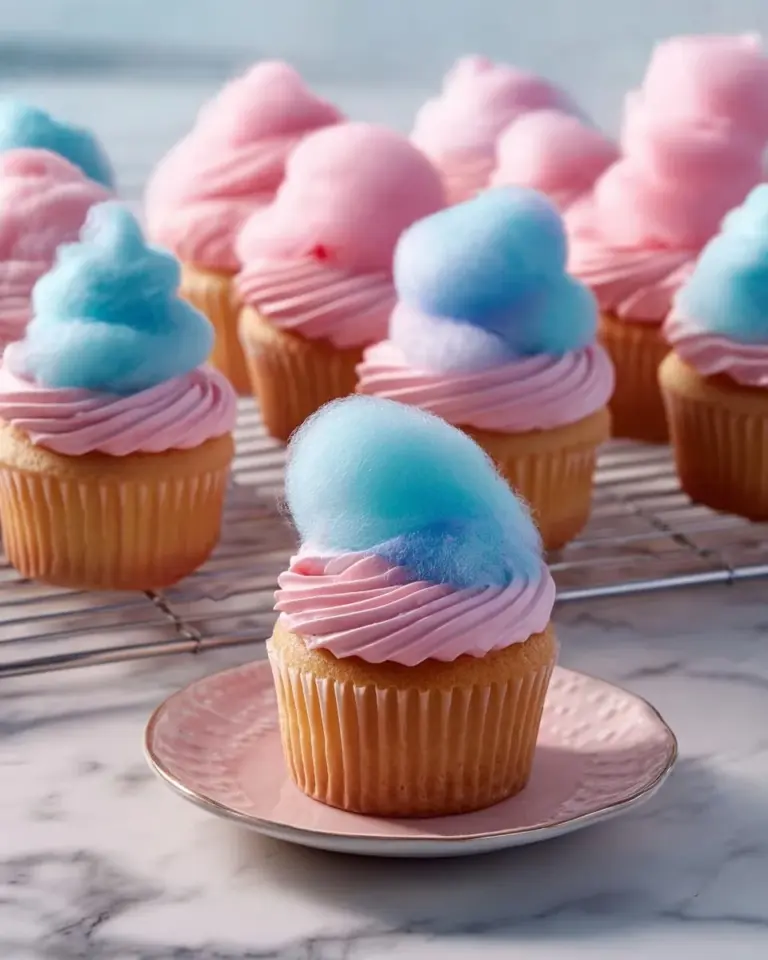 Delicious cotton candy cupcakes topped with fluffy frosting and colorful sprinkles