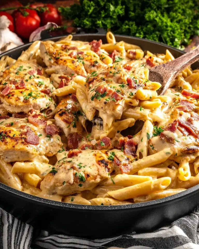 Delicious Crack Chicken Penne served in a bowl, topped with herbs.