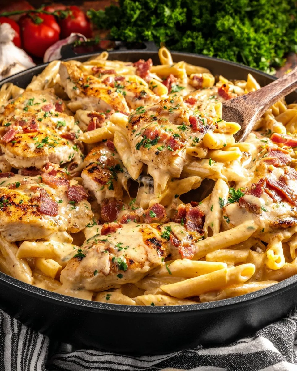 Delicious Crack Chicken Penne served in a bowl, topped with herbs.