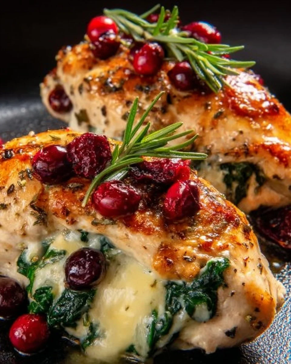 Cranberry and spinach stuffed chicken breasts with Brie cheese on a plate