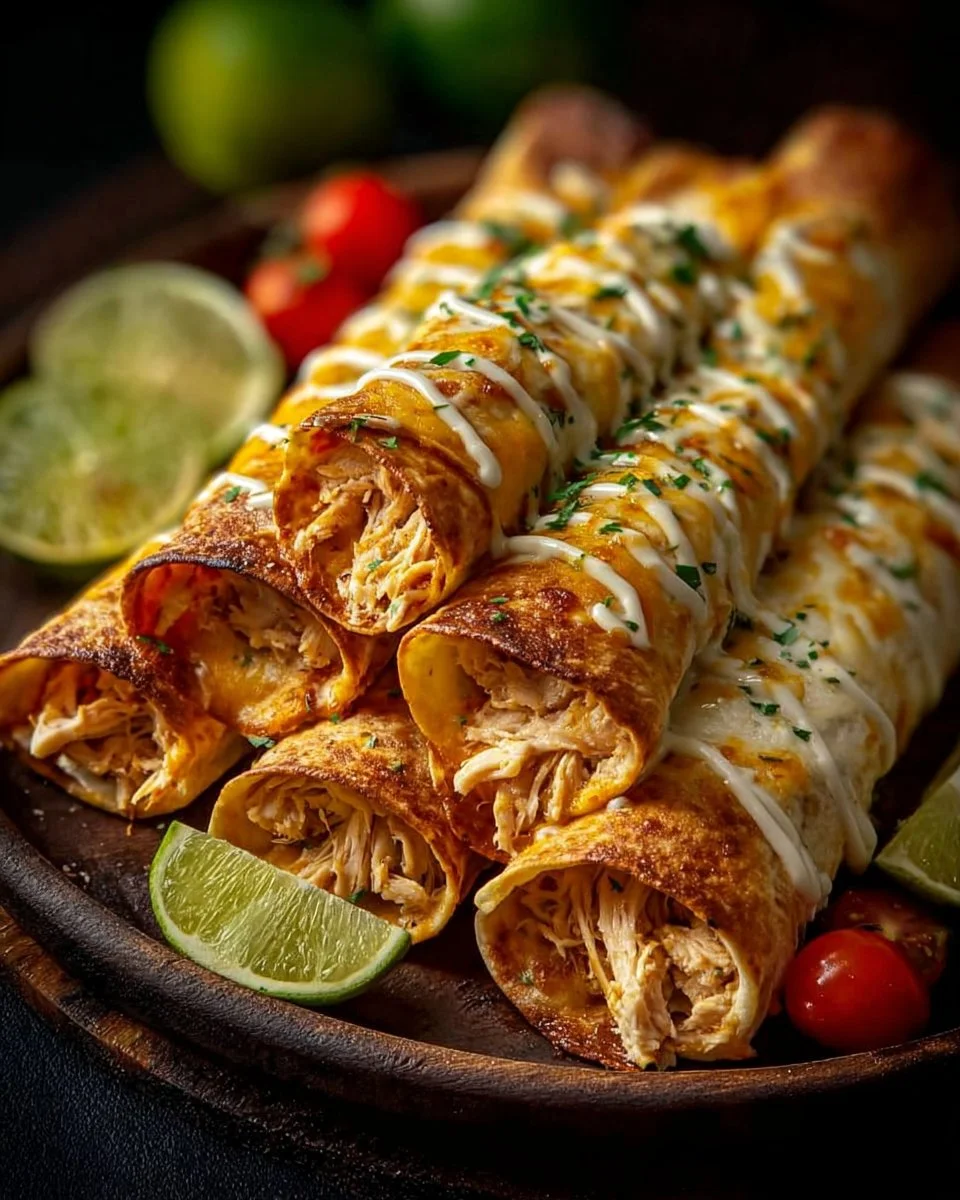 Delicious Cream Cheese Chicken Taquitos served on a plate with dipping sauce.