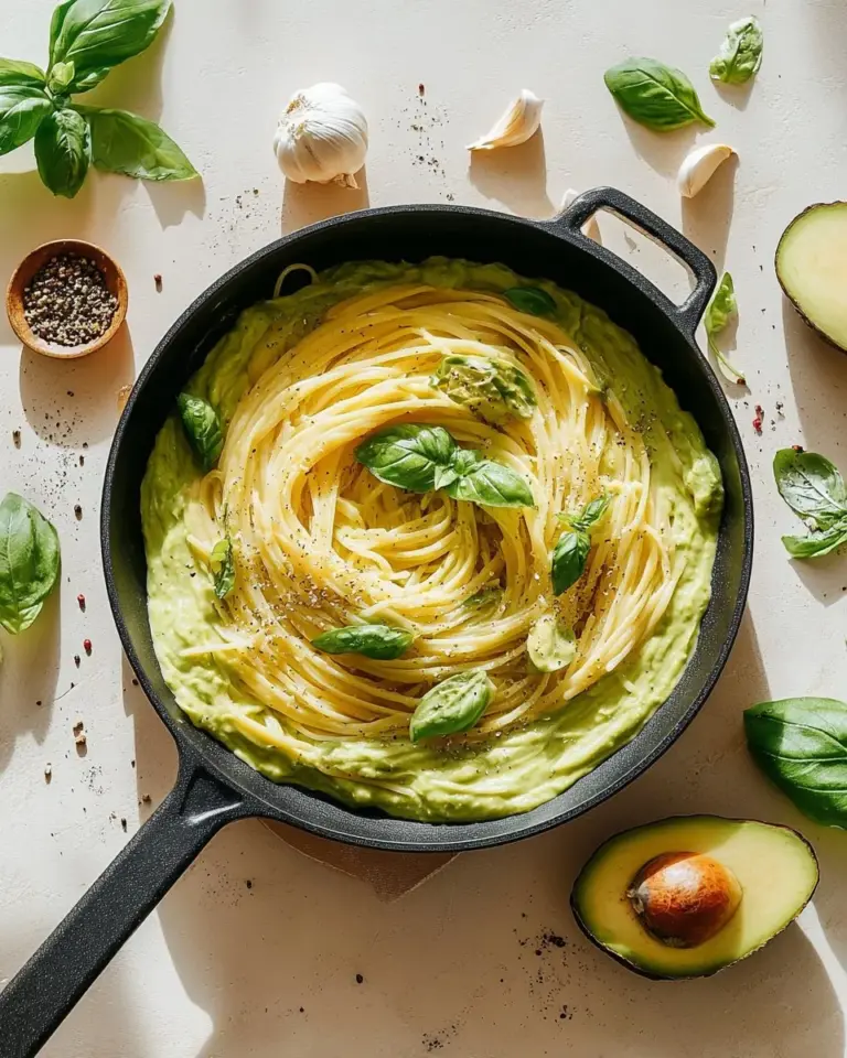 Creamy avocado pasta dish with fresh ingredients and vibrant colors