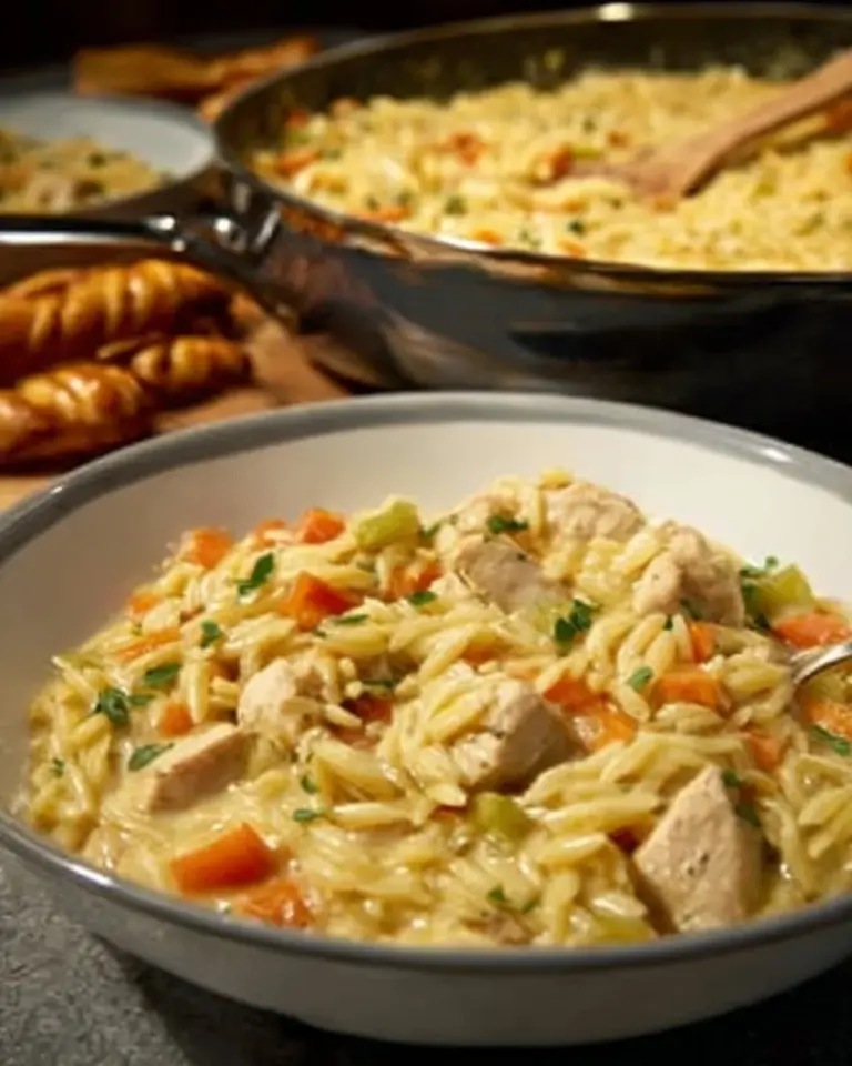 Creamy chicken pot pie orzo with vegetables in a baking dish