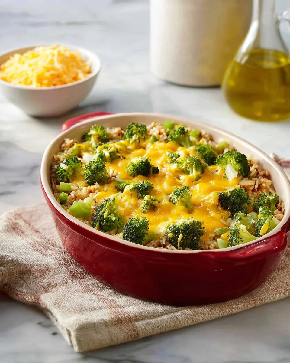 Creamy ground turkey rice casserole dish served in a baking dish
