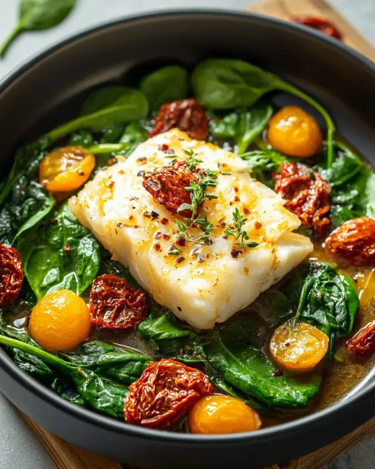 Creamy Keto Tuscan Cod with spinach and sun-dried tomatoes on a plate