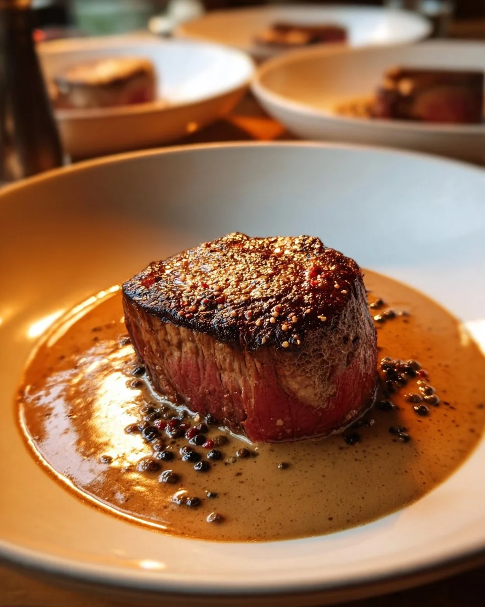 Creamy peppercorn beef fillet served on a plate with herbs and spices.