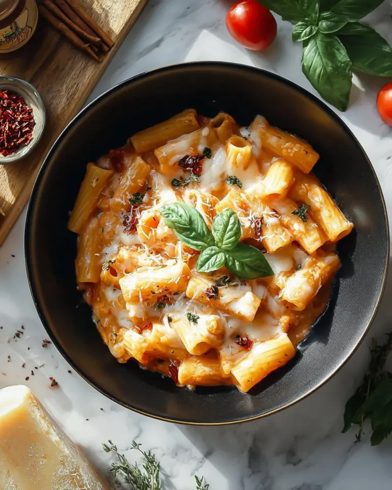 Delicious creamy rigatoni pasta served in a bowl with fresh herbs.