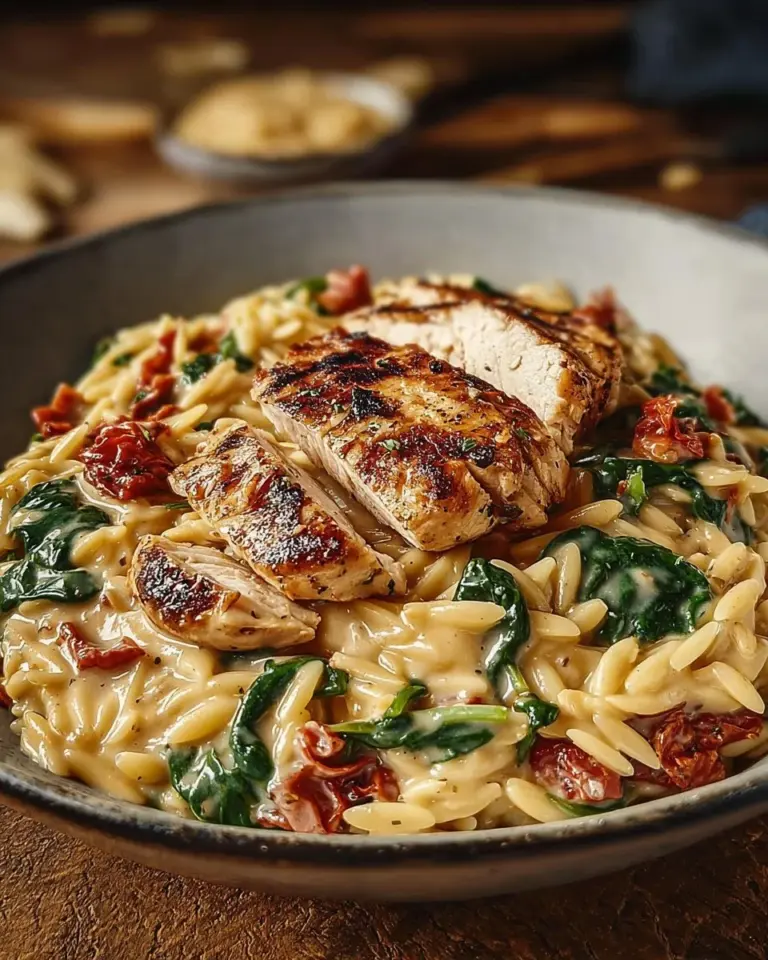 Creamy Tuscan Chicken Orzo dish garnished with herbs and served in a bowl