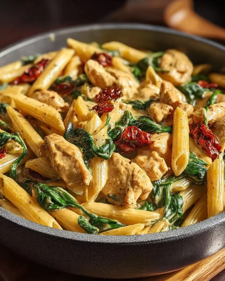 Creamy Tuscan chicken pasta with vegetables in a rich sauce