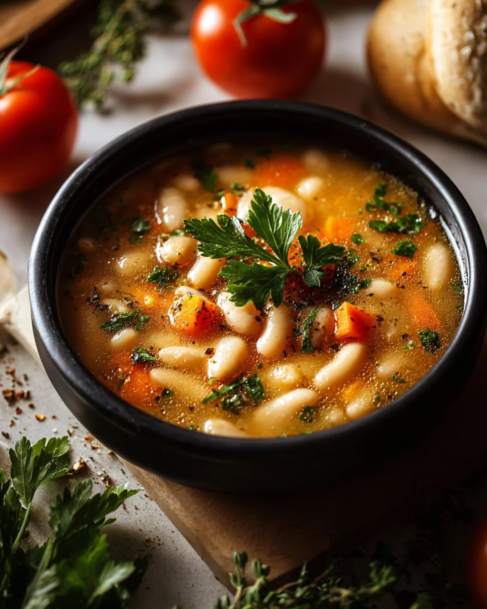 Bowl of creamy Tuscan White Bean Soup garnished with herbs